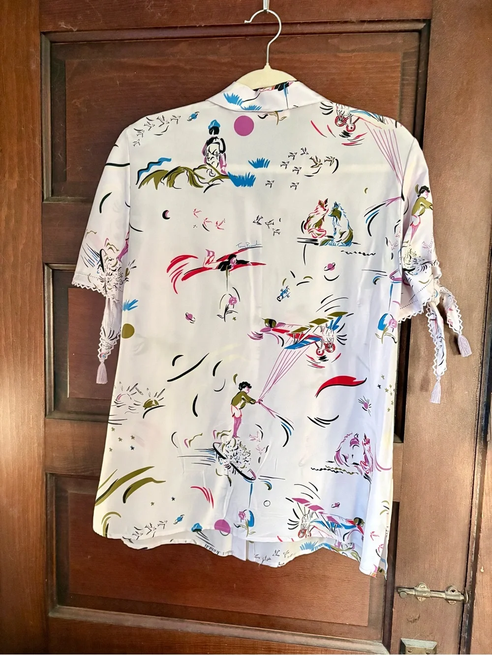 Tory Burch White silk Short-Sleeve Printed Blouse with Tassel Details - Picture 5 of 5